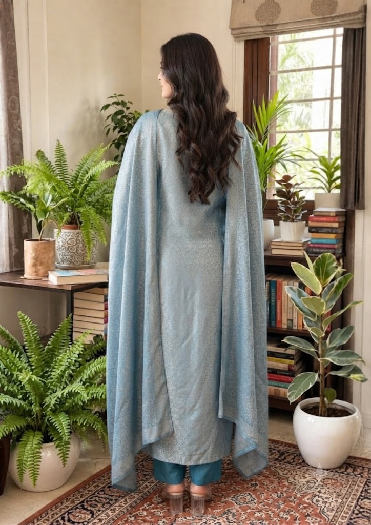 Blue Giraffe Silk Jacquard Partywear Kurta Set with Pants & Dupatta