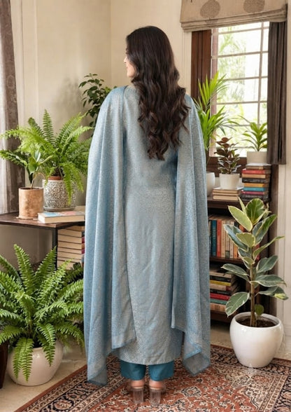 Blue Giraffe Silk Jacquard Partywear Kurta Set with Pants & Dupatta