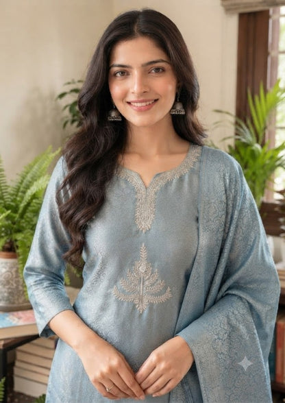 Blue Giraffe Silk Jacquard Partywear Kurta Set with Pants & Dupatta