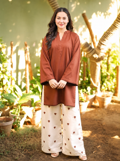 "Rust Brown Cotton Kurta with Heart Print Palazzo Set"