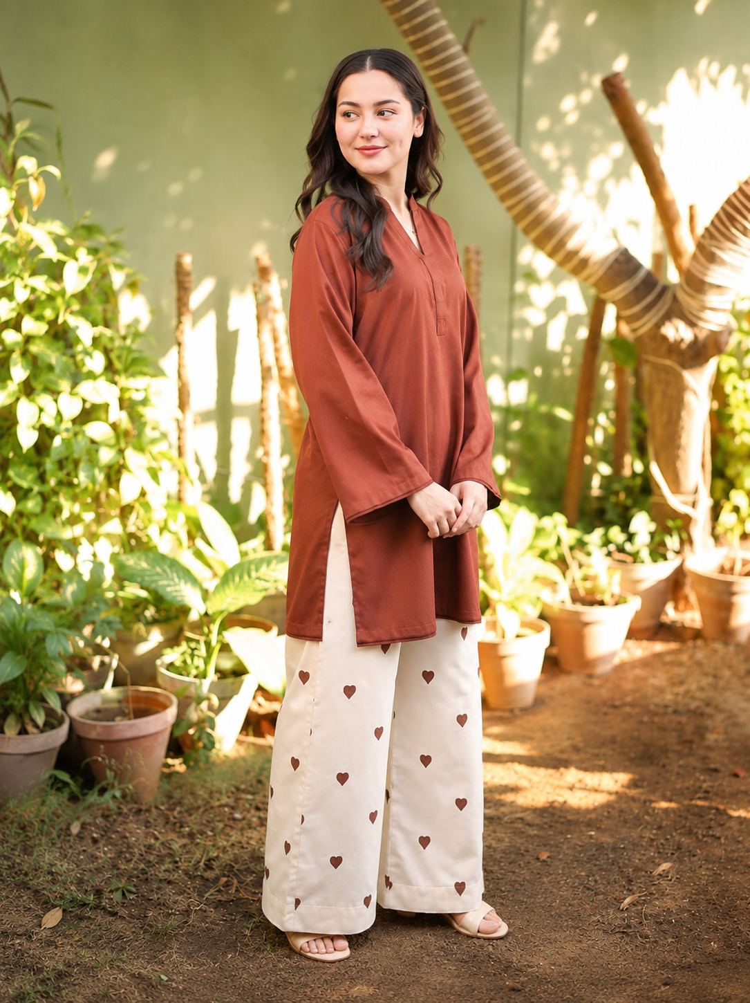 "Rust Brown Cotton Kurta with Heart Print Palazzo Set"