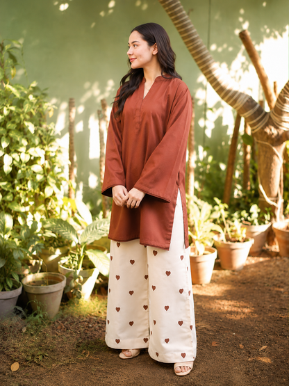 "Rust Brown Cotton Kurta with Heart Print Palazzo Set"