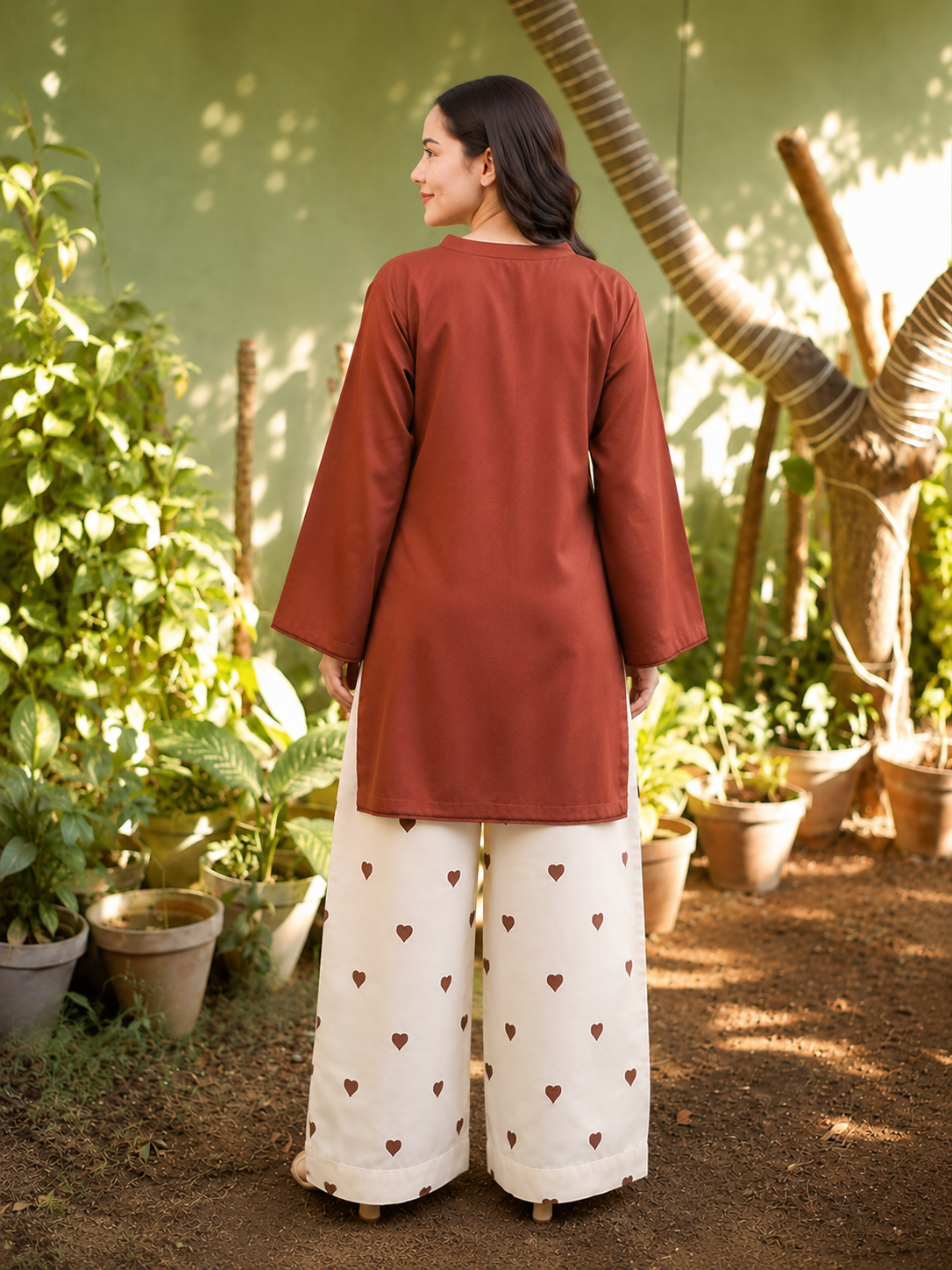 "Rust Brown Cotton Kurta with Heart Print Palazzo Set"