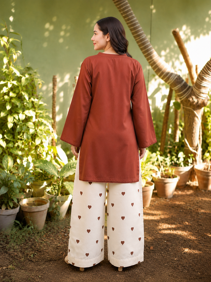 "Rust Brown Cotton Kurta with Heart Print Palazzo Set"