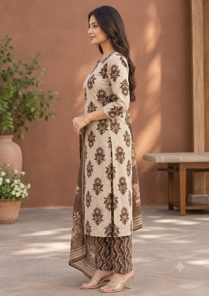 Brown Floral Print Cotton 3-Piece Suit with Mirror & Sequin Work