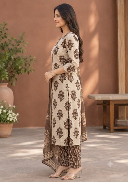 Brown Floral Print Cotton 3-Piece Suit with Mirror & Sequin Work