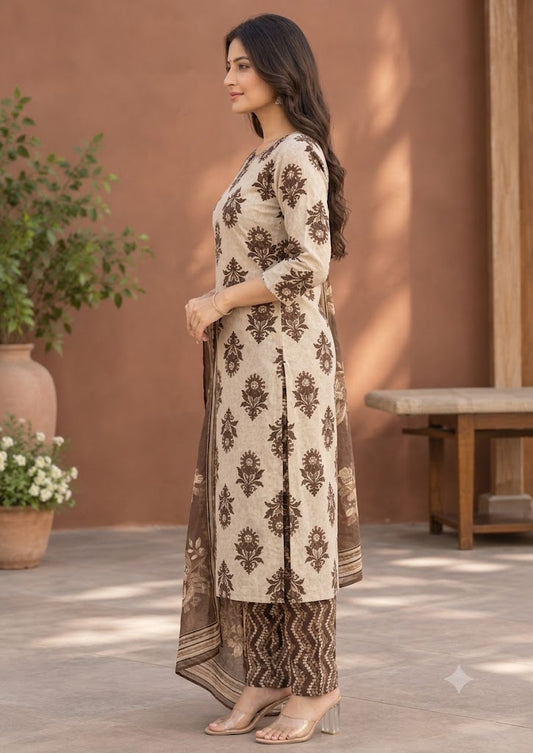 Brown Floral Print Cotton 3-Piece Suit with Mirror & Sequin Work