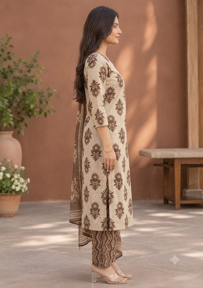 Brown Floral Print Cotton 3-Piece Suit with Mirror & Sequin Work