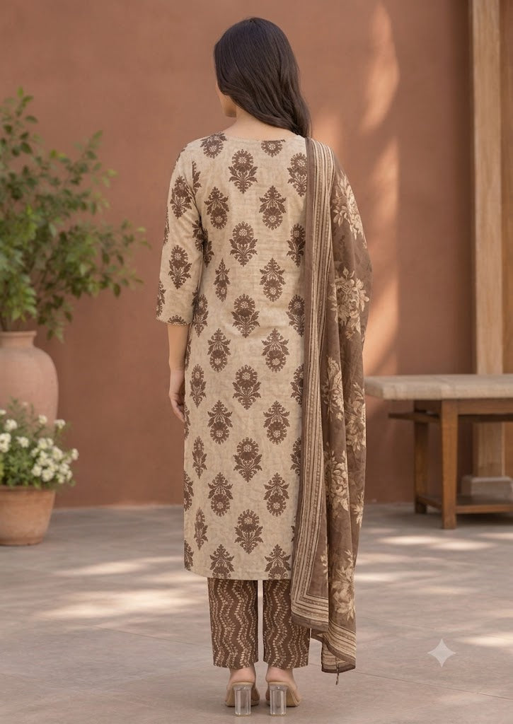 Brown Floral Print Cotton 3-Piece Suit with Mirror & Sequin Work
