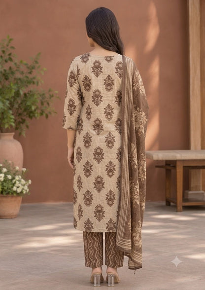 Brown Floral Print Cotton 3-Piece Suit with Mirror & Sequin Work