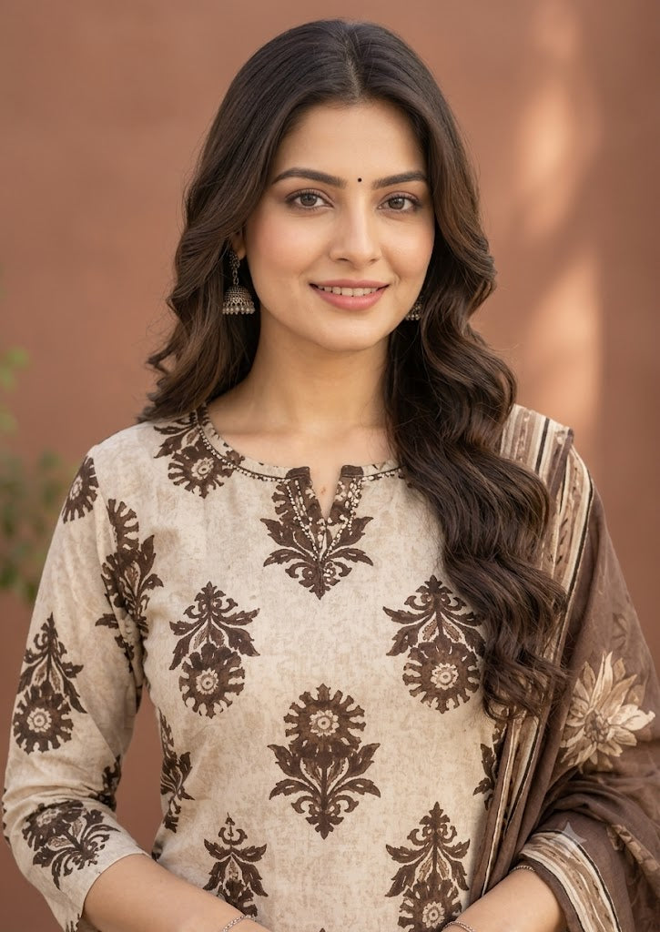 Brown Floral Print Cotton 3-Piece Suit with Mirror & Sequin Work