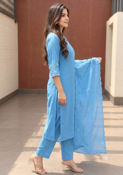 Powder Blue Kurta Pant Set with Embroidered Dupatta | Mul Chanderi 3PC Suit