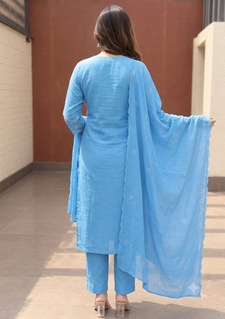 Powder Blue Kurta Pant Set with Embroidered Dupatta | Mul Chanderi 3PC Suit