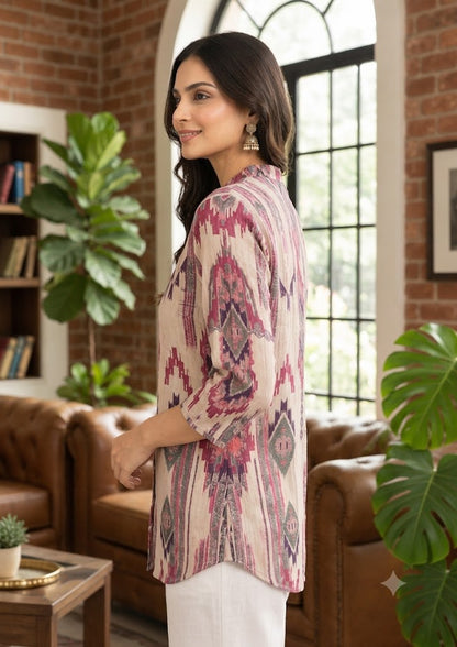 Beige Natural Crepe Shirt Tunic with Mandarin Collar