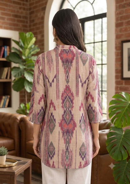Beige Natural Crepe Shirt Tunic with Mandarin Collar