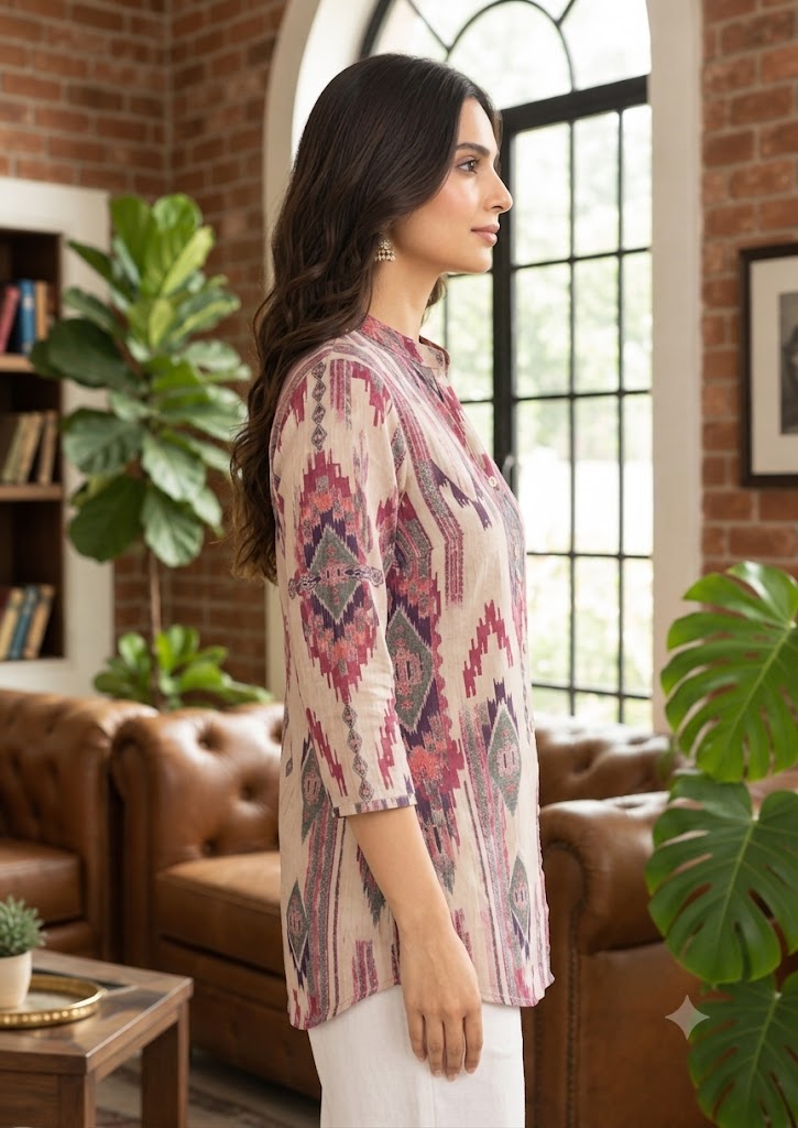 Beige Natural Crepe Shirt Tunic with Mandarin Collar