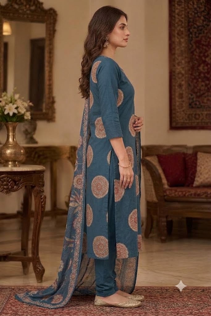 Embroidered Cotton Straight Kurta Set with Medallion Print & Dupatta