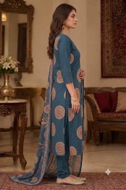 Embroidered Cotton Straight Kurta Set with Medallion Print & Dupatta