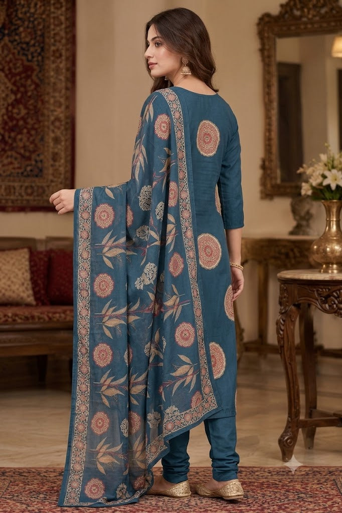 Embroidered Cotton Straight Kurta Set with Medallion Print & Dupatta
