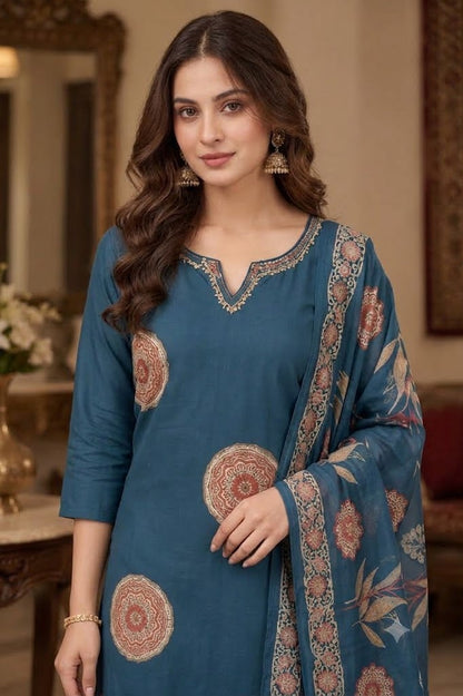 Embroidered Cotton Straight Kurta Set with Medallion Print & Dupatta
