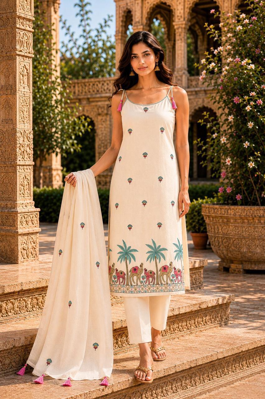 Women's Off White Cotton Kurta Set with Dupatta | Rajasthani Camel Block Print | Ethnic Wear