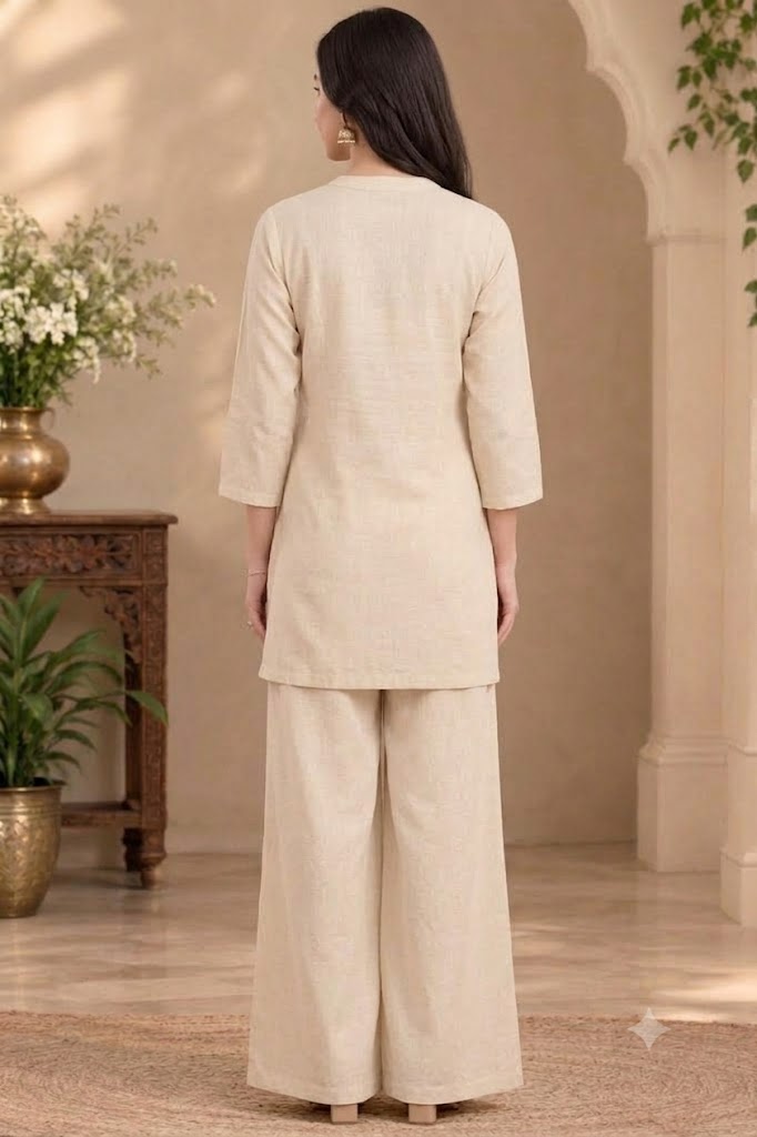 Off-White Embroidered Short Kurti with Palazzo – Crepe Co-ord Set