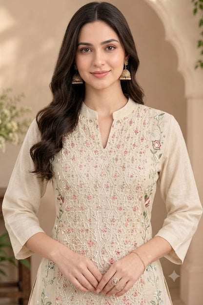 Off-White Embroidered Short Kurti with Palazzo – Crepe Co-ord Set