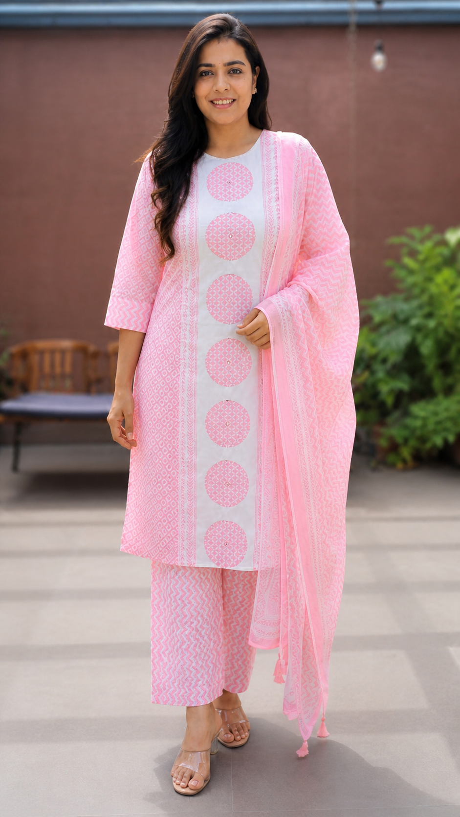 Baby Pink Mul Cotton 3 Piece Suit Set for Women with Handwork Dupatta & Palazzo Pants - Nakh Clothing