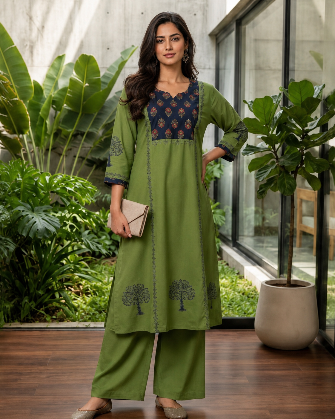 Green Dabu Cotton Handblock Printed 2PC Kurta Set with Mirror Work - Nakh Clothing