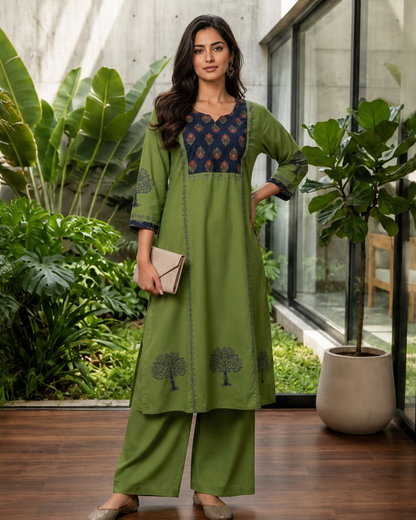 Green Dabu Cotton Handblock Printed 2PC Kurta Set with Mirror Work - Nakh Clothing