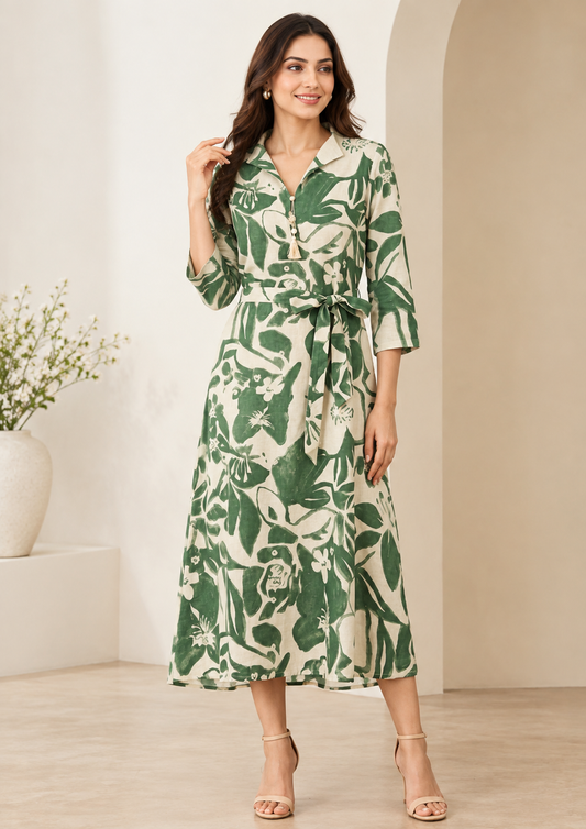 Cotton Flex Floral Printed Midi Gown – Green