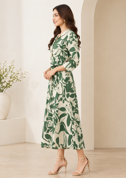 Cotton Flex Floral Printed Midi Gown – Green