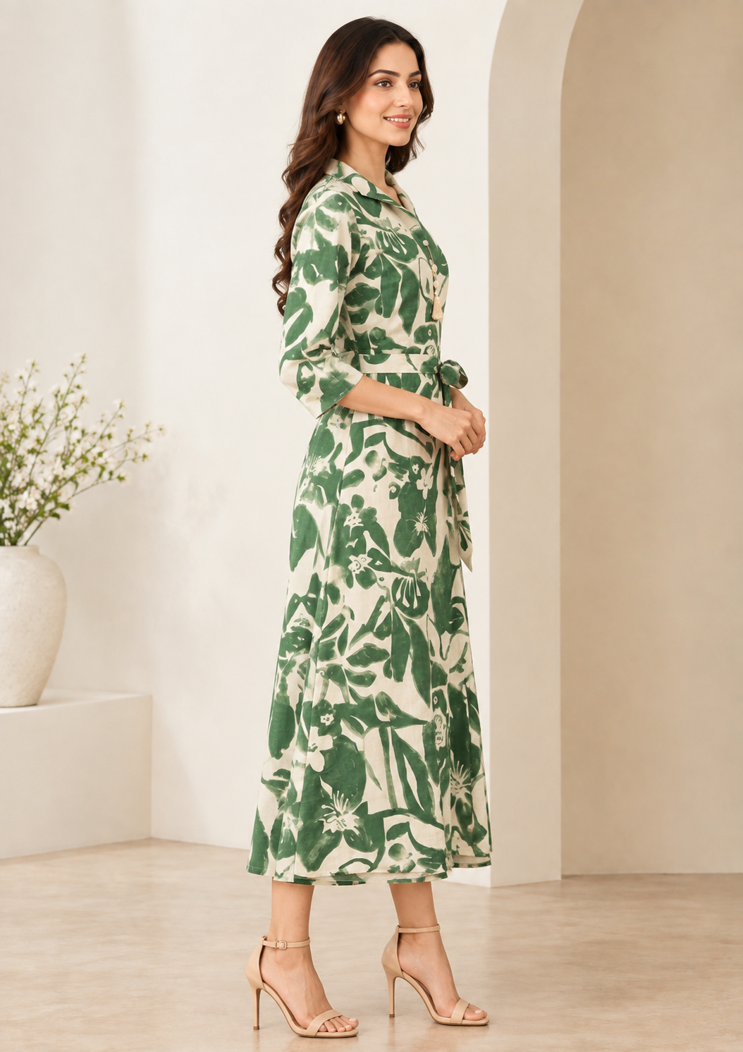Cotton Flex Floral Printed Midi Gown – Green