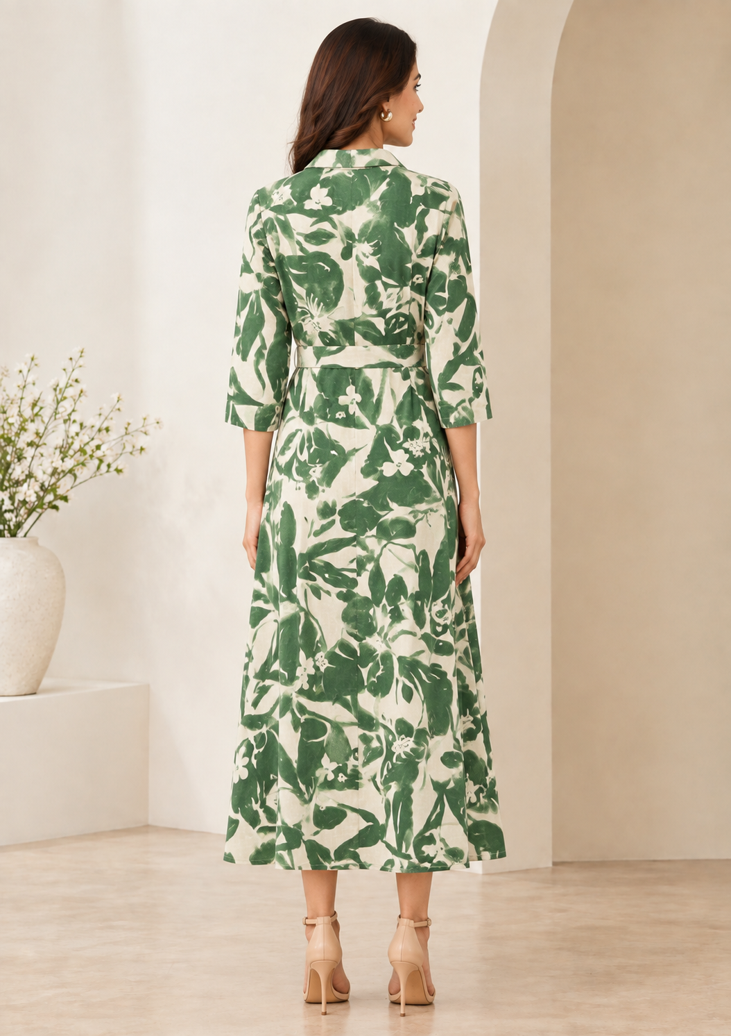 Cotton Flex Floral Printed Midi Gown – Green