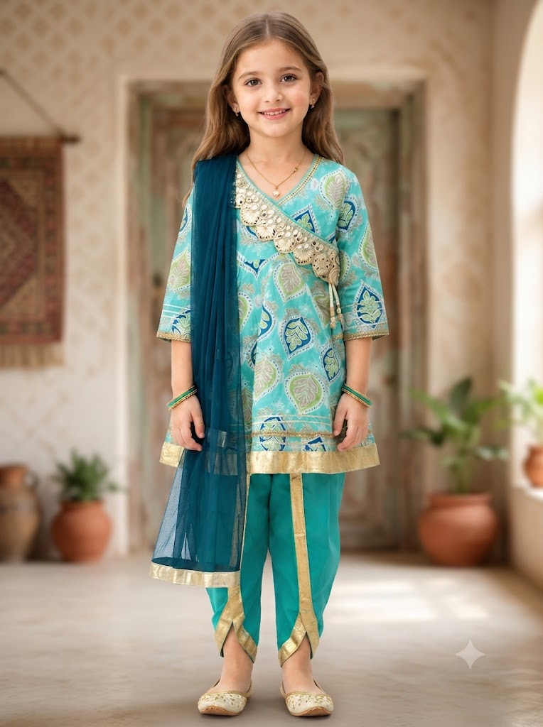 Girls Printed Cotton Dhoti Kurta Set – Festive Wear for Kids
