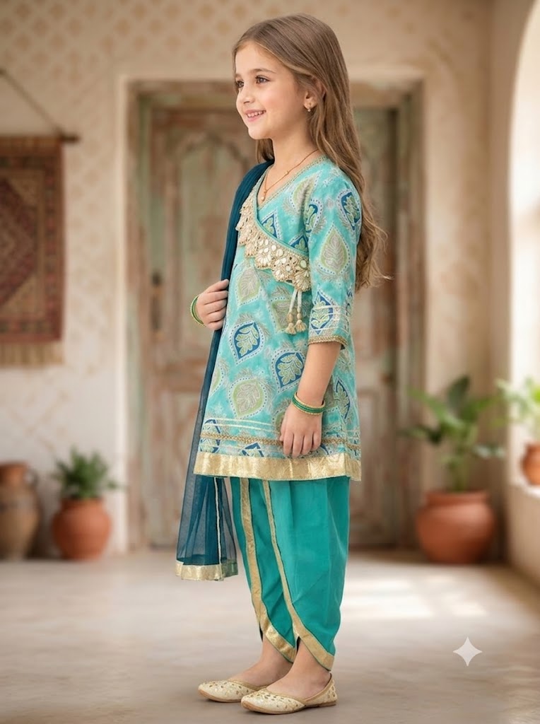 Girls Printed Cotton Dhoti Kurta Set – Festive Wear for Kids