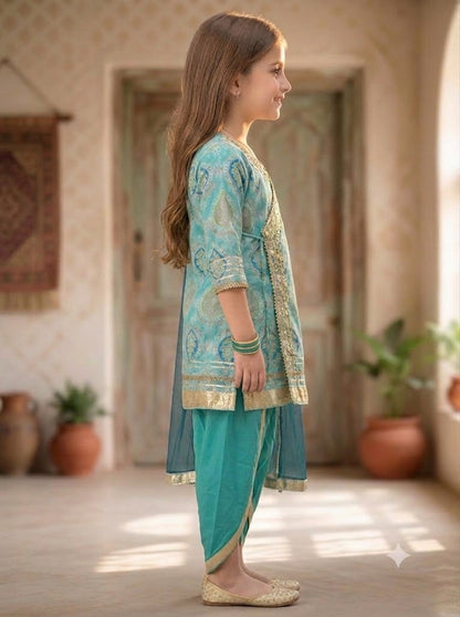 Girls Printed Cotton Dhoti Kurta Set – Festive Wear for Kids