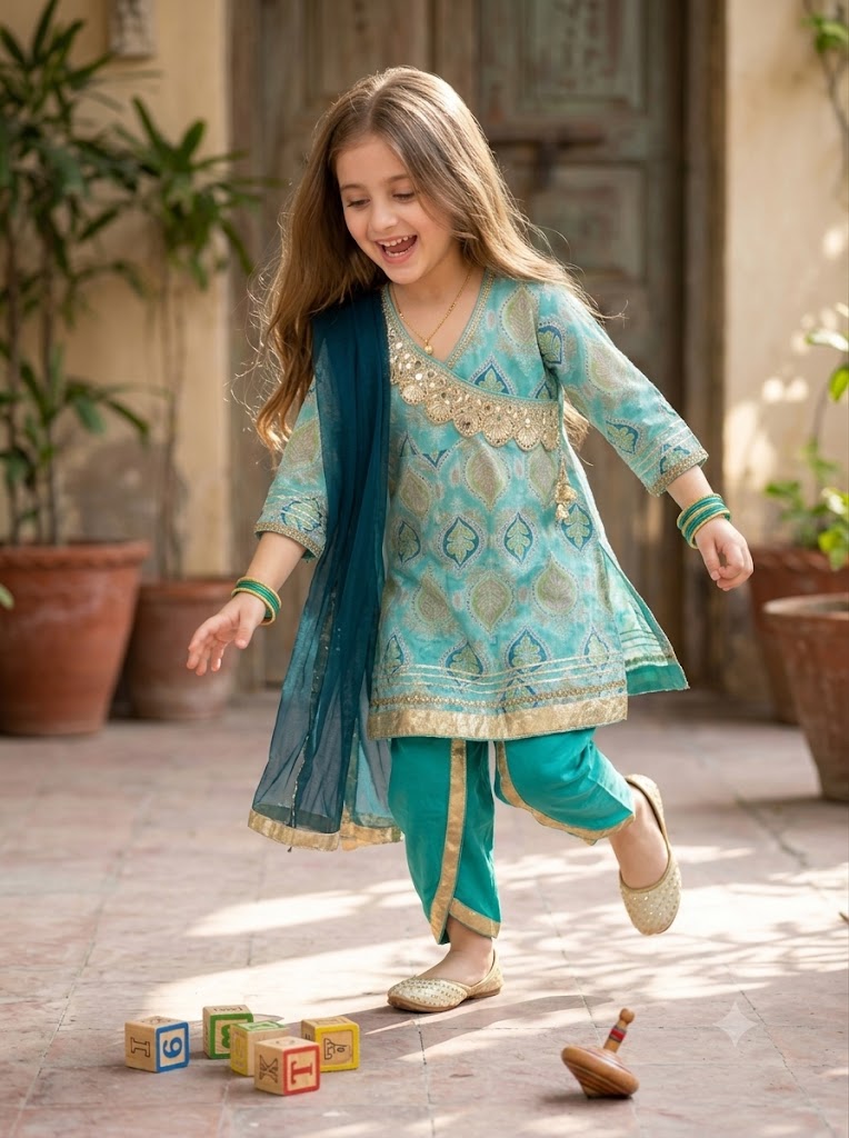 Girls Printed Cotton Dhoti Kurta Set – Festive Wear for Kids