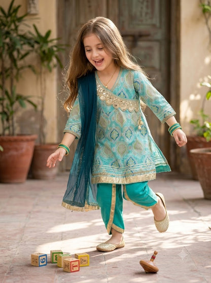 Girls Printed Cotton Dhoti Kurta Set – Festive Wear for Kids
