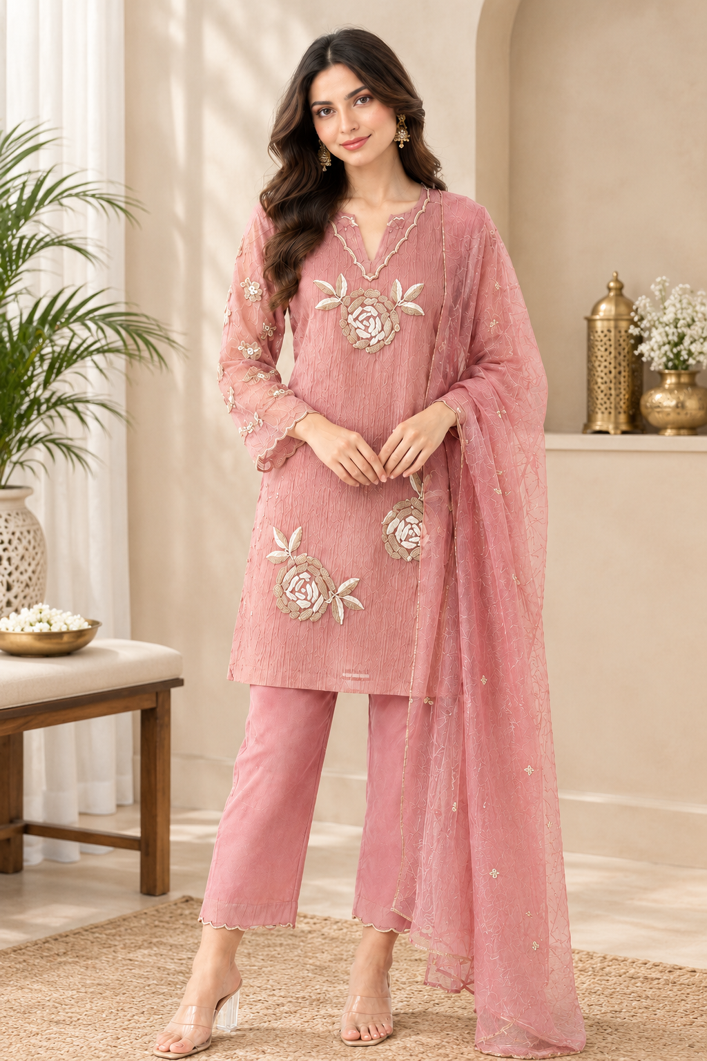 Pink Crush Tissue 3-Piece Suit with Floral Embroidery