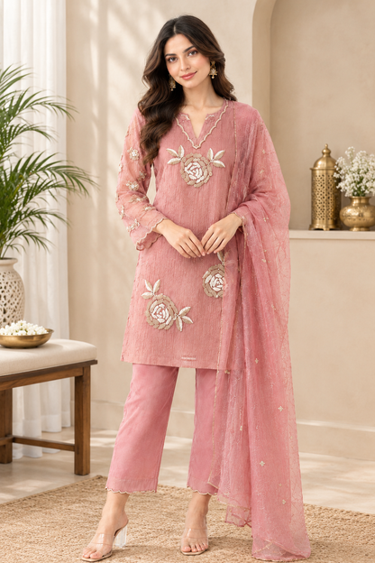 Pink Crush Tissue 3-Piece Suit with Floral Embroidery