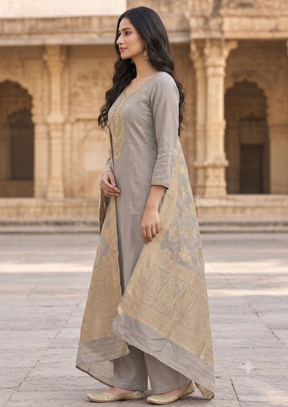 Grey Mul Chanderi Kurta Set with Zari Yoke & Banarasi Dupatta