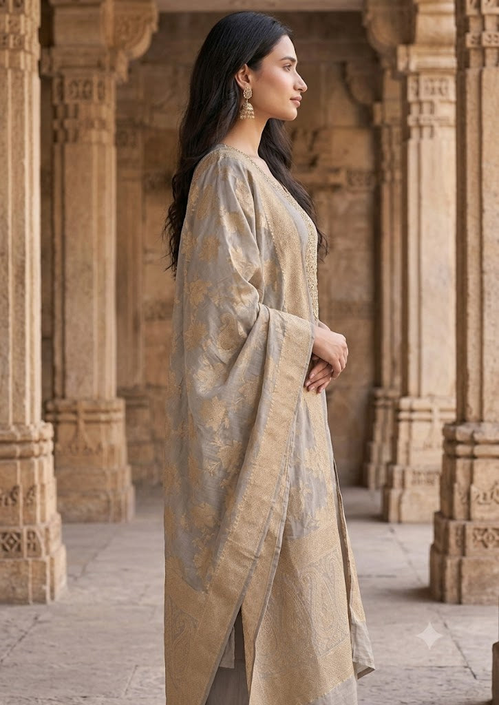 Grey Mul Chanderi Kurta Set with Zari Yoke & Banarasi Dupatta