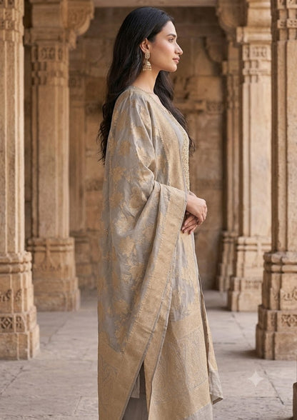 Grey Mul Chanderi Kurta Set with Zari Yoke & Banarasi Dupatta