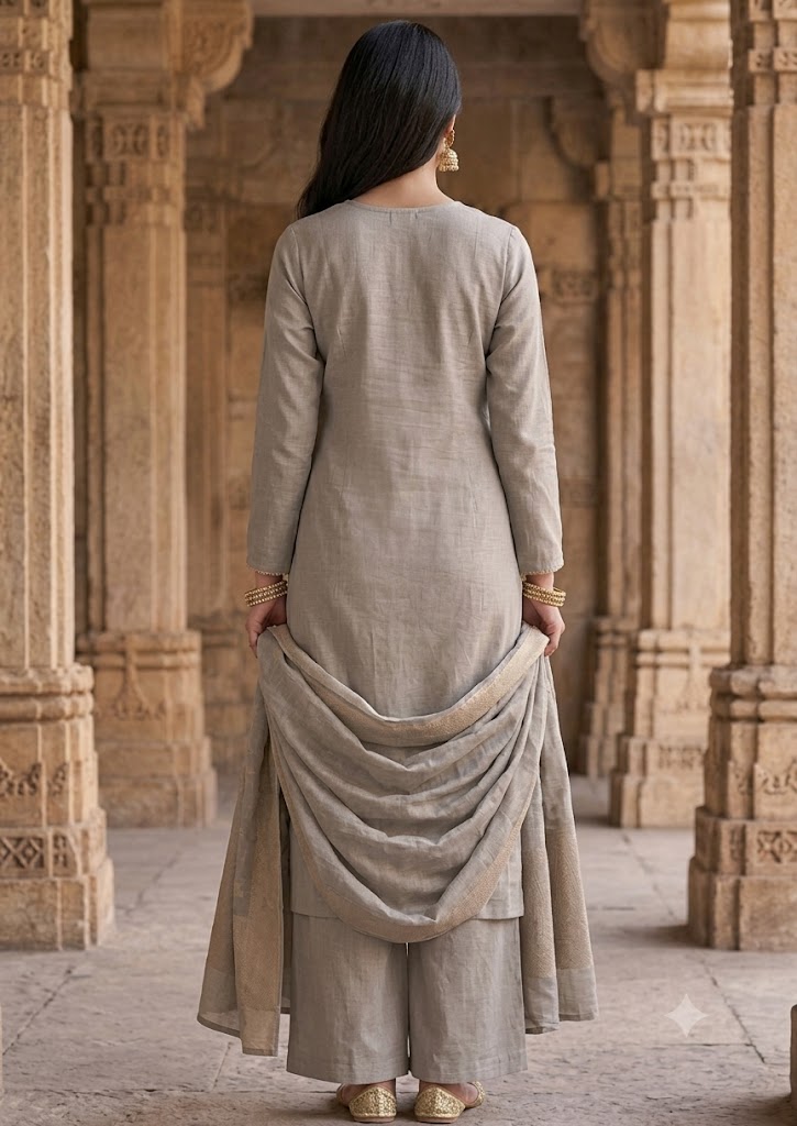 Grey Mul Chanderi Kurta Set with Zari Yoke & Banarasi Dupatta