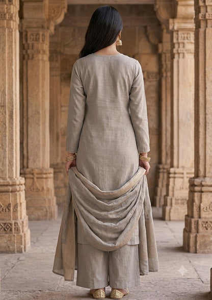 Grey Mul Chanderi Kurta Set with Zari Yoke & Banarasi Dupatta