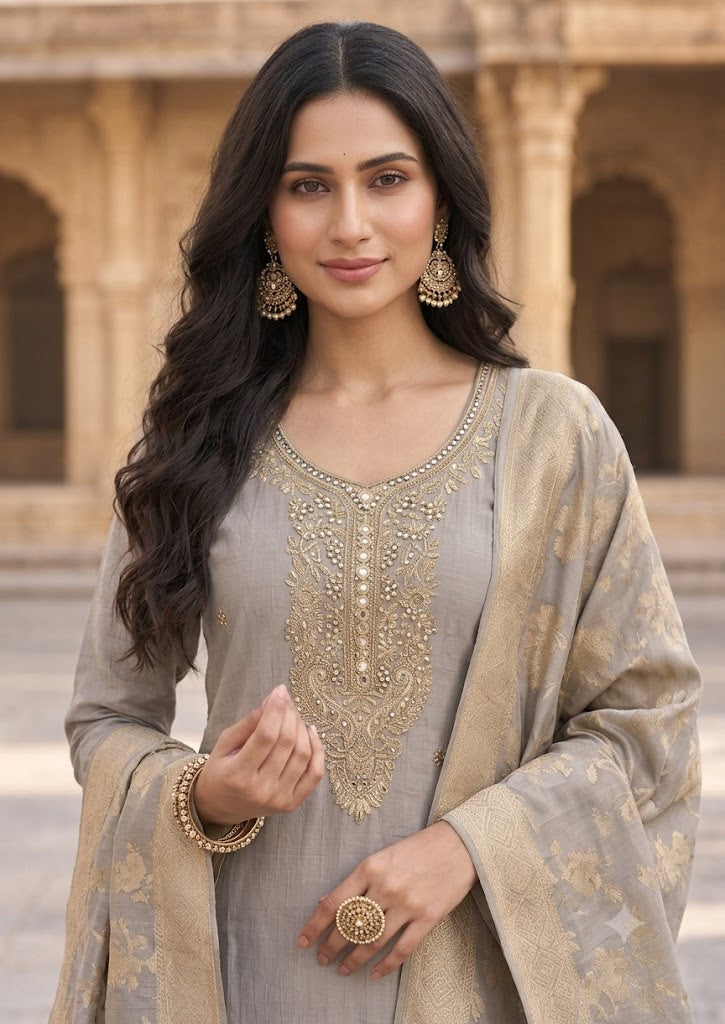 Grey Mul Chanderi Kurta Set with Zari Yoke & Banarasi Dupatta