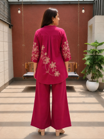 Elegant Embroidered Co-Ord Set in Fuchsia Cotton Flex