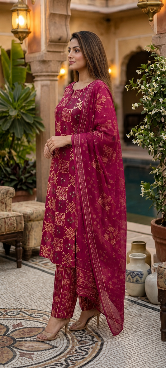 Ethnic Cotton Suit Set for Women – Fuchsia Party Wear