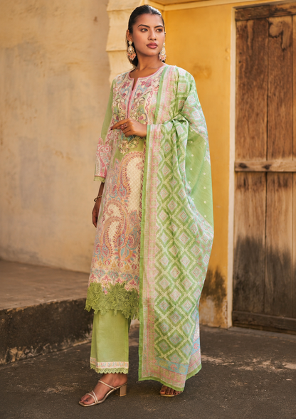 Women's Green Cotton Embroidered Printed Suit Set with Dupatta